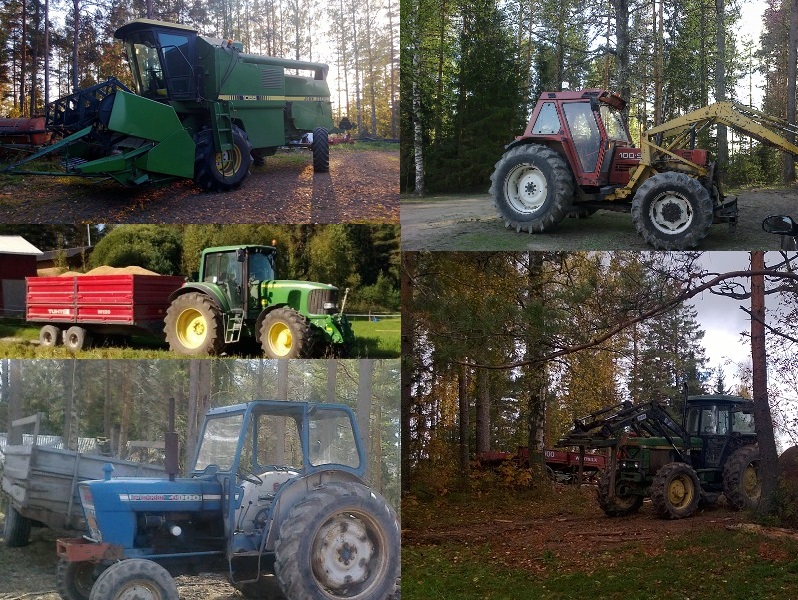 Kooste tilan koneista
John deere 1055, 3050, 6820, Ford 4000, Fiat 100-90.
